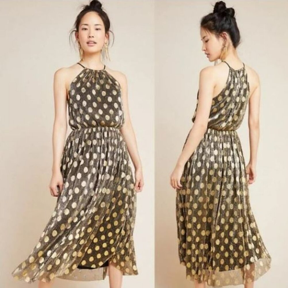 Anthropologie | Sunday in Brooklyn Black & Gold Polka-Dot Shimmer Midi Dress | S